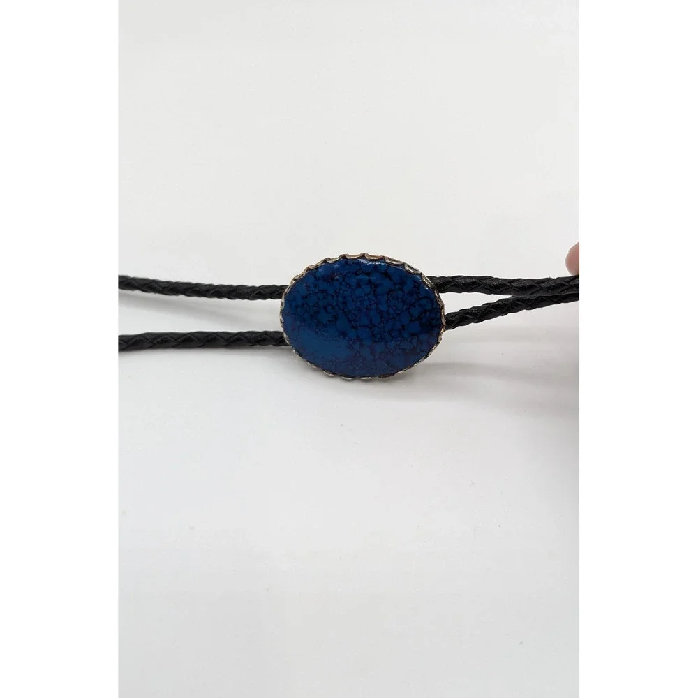 Vintage Western Bolo Tie Blue Faux Turquoise Oval Gold Silver Tone Black Cord‎